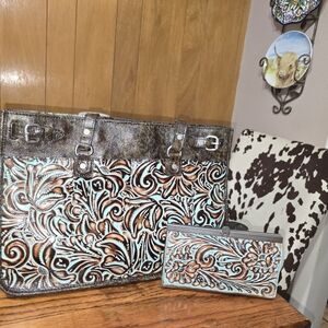 Patricia Nash Black and Turquoise Satchel